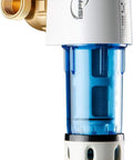 Reusable Spin Down Sediment Water Filter 100 Micron With Built In Housing Scraper, 360 Degree Rotatable Head, Pressure Gauge, Blue