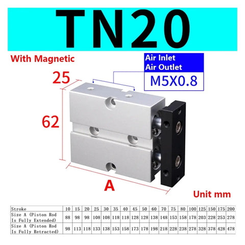 Tough Dual Rod Pneumatic Air Cylinder With Guided Double Acting Piston And Snappy 35 Millimeter Stroke Plus 10 To 32 Mm Bore Options, TN20 model with air inlet and outlet.