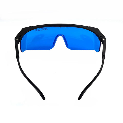 Heavy Duty Laser Safety Goggles For He Ne 632nm Red Beams with blue tinted lenses and durable black frame.