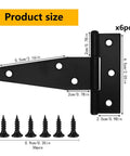 6 Pack 3 Inch T Strap Hinges Heavy Duty Black Outdoor Tee Hinges with Screws for Wooden Fences, Gates, Shed Doors Hardware