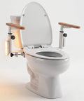 Top Shelf Heavy Duty Adjustable Toilet Safety Rails Built Tough With Rock Solid Steel Frame For Seniors Recovering From Surgery, featuring clamp mount and wooden grips.
