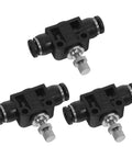 Three Pack Pneumatic Flow Control Valves With Push To Connect Tube Fittings High Pressure Tolerance And Precise Flow Adjustment For Air Cylinders And PU Tubing In Industrial Automation Kit, three black valves