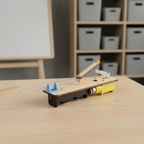 Knockout Classroom Demo Machine Featuring Slick Electric Reciprocating Linkage Model Linear Motion Apparatus Mechanical Demonstration Setup With Adjustable Stroke Iron Shaft Built Rock Solid on lab bench.