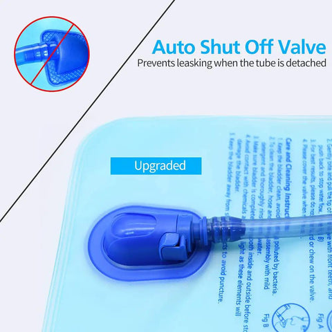 Hydration Bladder With Large Opening For Easy Fill, Leakproof Water Reservoir Bag, blue valve detail, Auto Shut Off Valve feature