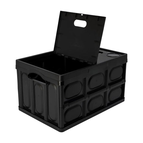 Big Time Heavy Duty Collapsible Storage Bin With 16 Gallon Capacity, Folds Flat Easy For Nifty Closet Or Car Trunk Stash, Stackable Plastic Tote Crate For Versatile Home And Garage Setup In Sleek Black with lid open.