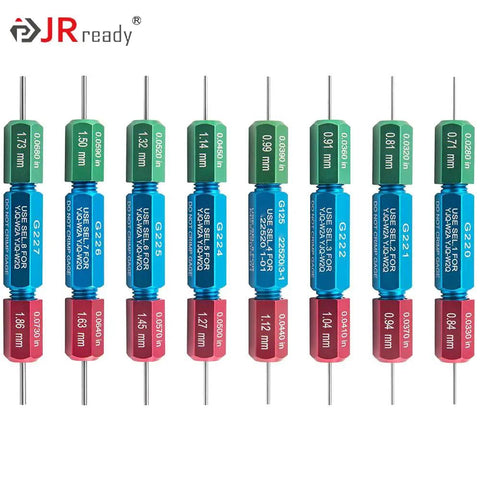 Top Shelf 8 Piece Go No Go Gauge Set For Pro Crimp Tool Inspection, with various gauges for precision measuring, showing sizes G220 to G227.