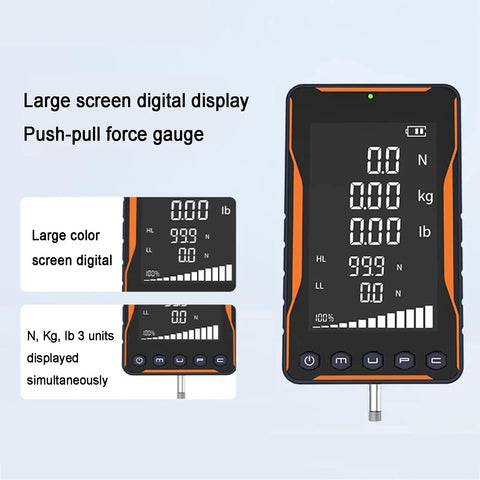 Straight Up Digital Force Gauge Handheld Push Pull Meter With Five Swap In Probes Three Quick Modes And N Kg Lb Readouts Rechargeable Power Cell display with large screen showing digital readouts.