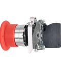 Top Shelf New Emergency Stop Switch Featuring Bold Red Push Button Compatible With Snorkel Upper Control Box Assembly And Tough Daily Job Site Grind Runs Direct Fit, side view showing red button and metal housing.