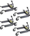 Heavy Duty Hydraulic Car Wheel Dolly Set Of 4 With 1500 Lbs Per Roller Ratcheting Foot Pedal, black steel tire sliders.