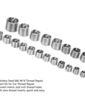 Thread Repair Insert Kit With Stainless Steel Inserts, 120 Pcs M6 To M18, lined up in multiple sizes and pitches.