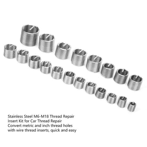Thread Repair Insert Kit With Stainless Steel Inserts, 120 Pcs M6 To M18, lined up in multiple sizes and pitches.