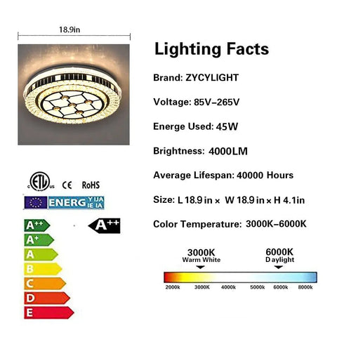 Lighting facts for Dimmable Crystal LED Ceiling Light With Remote Control Eighteen Point Nine Inch Flush Mount Fixture 45W
