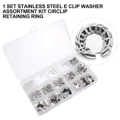 External Retaining Ring Kit 1.5 To 15mm Silver E Clips, 400Pcs Circlip Assortment With Pliers, Rust Resistant Black Oxide Finish, Wide Range Of Sizes For Automotive, Machinery, DIY Projects And Everyday Garage Fixes. stainless steel circlip assortment in compartment box