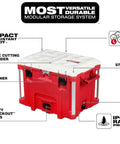 Beefy Milwaukee Packout 40Qt XL Cooler 3Pc Set With Impact Resistant Polymer Body White Red Heavy Duty Rolling Tool Box Built To Handle 250 Lb Load 9 Inch All Terrain Wheels Industrial Grade Handle with storage features labeled