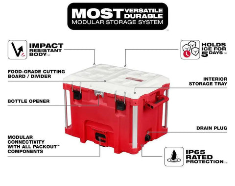 Beefy Milwaukee Packout 40Qt XL Cooler 3Pc Set With Impact Resistant Polymer Body White Red Heavy Duty Rolling Tool Box Built To Handle 250 Lb Load 9 Inch All Terrain Wheels Industrial Grade Handle with storage features labeled