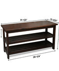 Sturdy Hickory Wood Shoe Bench With Massive Storage For Entryway And Mudroom Indoor Outdoor Ready Front Door Organizer USA Grown Hardwood Dark Walnut Finish Solid Top And Bottom Shelves with dimensions labeled.