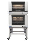 Heavy Duty Double Stack Countertop Electric Convection Oven With Manual Temperature Dial And Mobile Casters Built Tough For High Volume Cooking No Sweat For Busy Kitchen Pros 208 Volt on wheels.