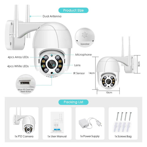 5MP PTZ WiFi Outdoor Security Camera With Rock Solid AI Human Detection IP66 Weatherproof Build showing dual antennas and lens components.