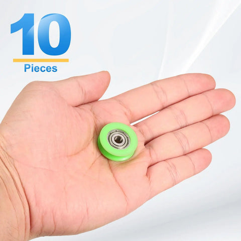 10 Piece Green U-Groove Nylon Plastic Guide Bearings Rollers 5X23X7mm in hand for sliding doors and linear sliders.