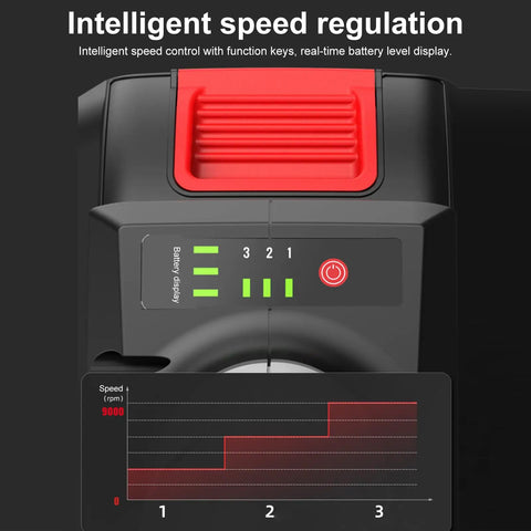 Interior display of 21V Brushless Cordless Angle Grinder With 3 Speed Settings And 180 Degree Swivel Head showing speed control and battery level.