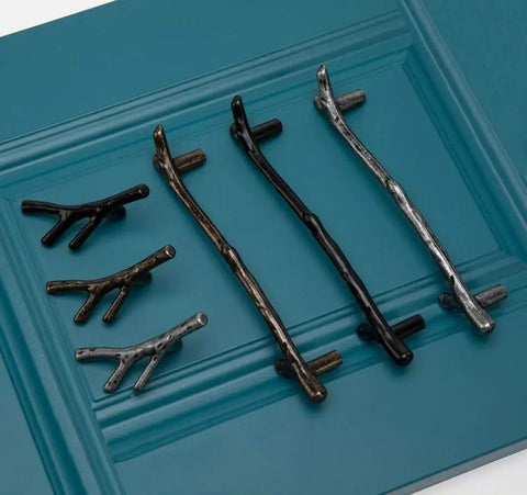 2 Pack Black Twig Branch Knobs Zinc Alloy Cabinet Handles Rust Resistant Furniture Pulls Nailed Design Wardrobe Door Knobs Smooth Texture Decorative Drawer Hardware displayed on blue background.