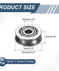 Close-up of a slick V groove ball bearing pulley, 3mm ID, silver aluminum, size measurements displayed. Twelve Pack Slick V Groove Ball Bearing Pulleys Designed For Smooth Linear Action And Built Rock Solid To Handle Any Gritty Job Without Breaking A Sweat Or Losing Your Cool.