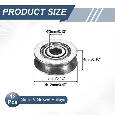 Close-up of a slick V groove ball bearing pulley, 3mm ID, silver aluminum, size measurements displayed. Twelve Pack Slick V Groove Ball Bearing Pulleys Designed For Smooth Linear Action And Built Rock Solid To Handle Any Gritty Job Without Breaking A Sweat Or Losing Your Cool.