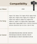 Compatibility chart for Multifunction Wireless Shooting Grip With Adjustable Selfie Stick And Integrated Remote, listing compatible Nikon Z50II, Sony Alphas, and Canon EOS models.