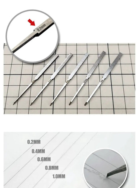 Top Shelf Tungsten Steel Scriber Blades In Five Precision Sizes With Secure Rubber Guard shown on grid, highlighting sizes 0.2mm to 1.0mm.