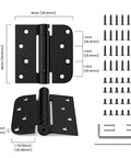 Badass Heavy Duty Self Closing Door Hinges 3 Pack 4 Inch Matte Black with screws and dimensions for installation.
