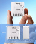 WiFi Mini D Smart Switch With Matter, Dry Contact Output For NO NC, AC Or DC Input, shown in hand with dimensions