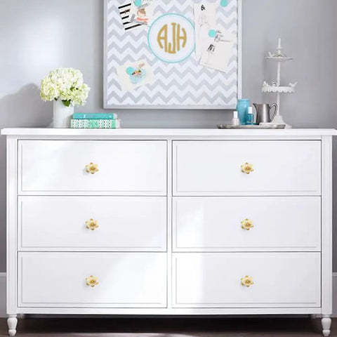 Top Shelf Set Of Six Crisp White Glass Cabinet Knobs For Kitchen Drawers And Dresser Hardware Featuring A Handcrafted Smooth Finish That Looks Pretty Dang Slick On Cupboards on a white dresser.