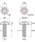 Technical drawing of Top Shelf Premium Grade 5 Titanium M5x15mm Button Umbrella Torx Head Bolts Black specifications.