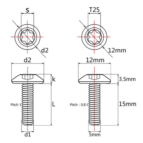 Technical drawing of Top Shelf Premium Grade 5 Titanium M5x15mm Button Umbrella Torx Head Bolts Black specifications.