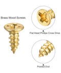 Close-up of Top Shelf Brass Wood Screws M2x5mm with flat head Phillips cross drive and pointed end details.