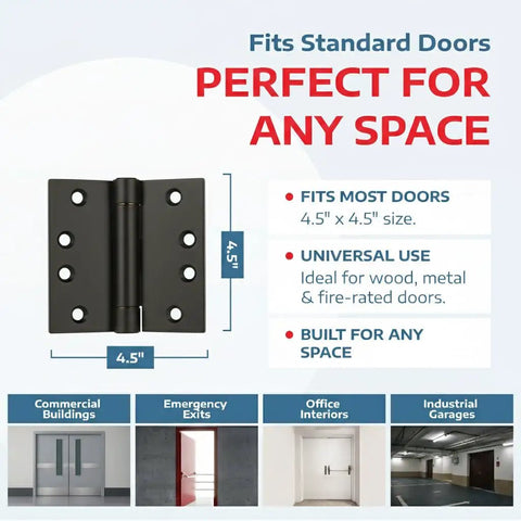 Tough As Nails Heavy Duty Self Closing Door Hinges 4.5 Inch Matte Black Steel With Adjustable Spring Reversible Square Corner showing 4.5" size.