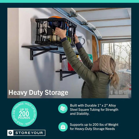Person placing items on Badass Heavy Duty Black Garage Wall Shelves 1X2 Ft Wall Mounted Storage Rack With Hella Strong Powder Coated Steel.