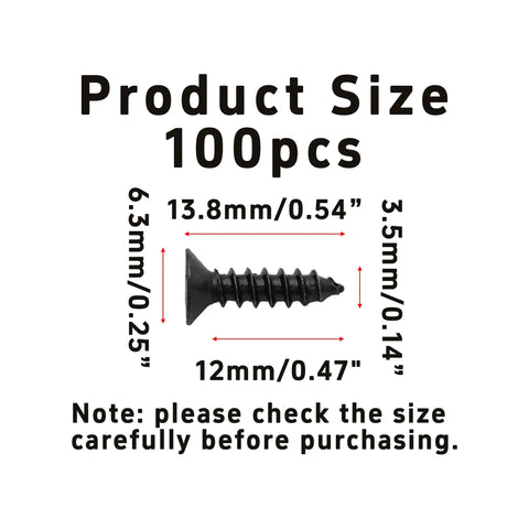 100 Piece Pack Of Size 6 By Half Inch Black Phillips Flat Head Wood Screws Hard Carbon Steel Self Tapping Fasteners For Cabinets And DIY Builds Bring Rock Solid Grip And No Fuss Assembly To Your Next Weekend Project showing detailed dimensions of each screw.