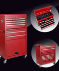 Rock Solid Heavy Duty Steel Tool Chest With 8 Deep Drawers And Rollin Locking Wheels in vibrant red, showcasing 3 angles.