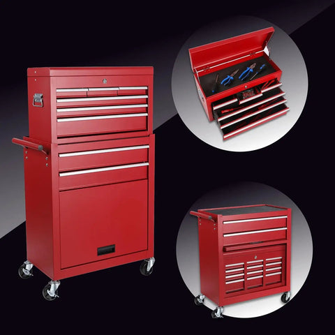 Rock Solid Heavy Duty Steel Tool Chest With 8 Deep Drawers And Rollin Locking Wheels in vibrant red, showcasing 3 angles.