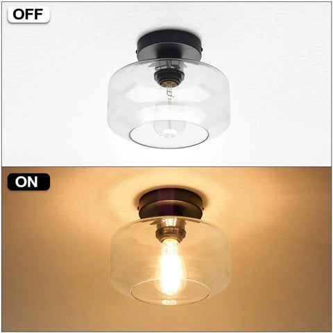 Industrial Semi Flush Mount Ceiling Light With Clear Glass Pendant Shade Farmhouse Vibe For Hallways And Living Areas Vintage Yet Modern Hanging Fixture With Black Matte Finish, shown on and off
