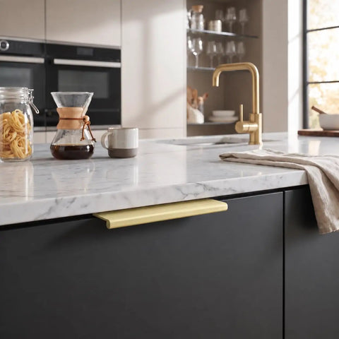 10 Pack Slick Brushed Gold Finger Edge Drawer Pulls Featuring Smooth Hidden Grip And Heavy Duty Zinc Construction For Quick Cabinetry Makeover Includes All Mounting Hardware For Fast Setup on dark cabinetry with marble countertop.