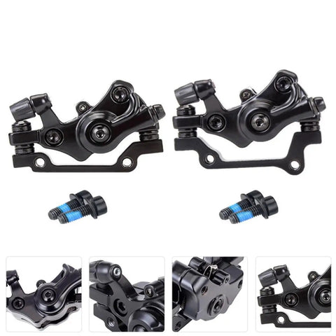 Hardcore Two Pack Mechanical Disc Brake Kit For Mountain And Road Bikes Solid Aluminum Alloy build with black finish and bolts.