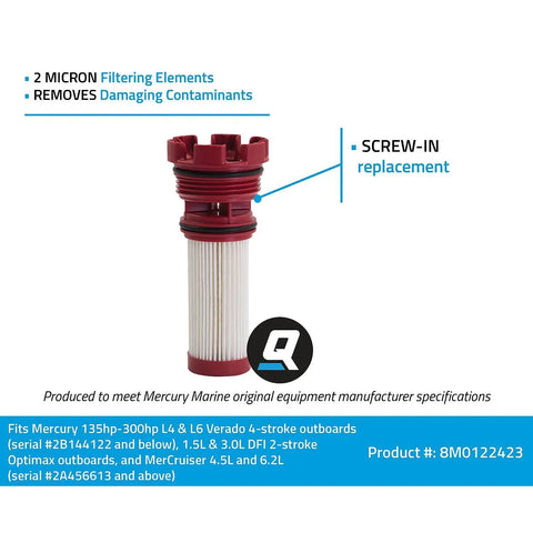 Two Micron Fuel Filter Element Replacement For Mercury Outboard Engines And MerCruiser Sterndrive, Screw In Type, red filter
