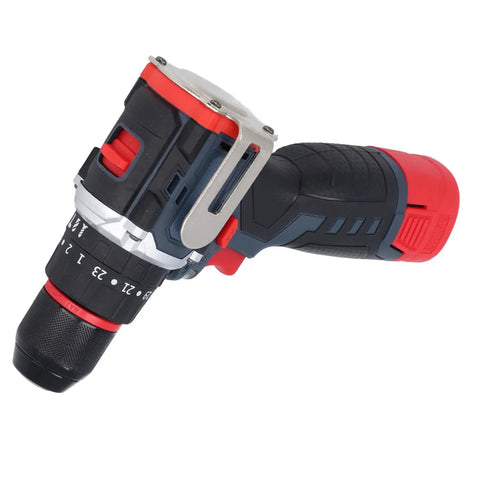 Heavy Duty 18V Cordless Drill Set With Brushless Motor And 80 Nm Torque For Home Projects That Kick Some Serious Butt And Deliver Rock Solid Power Without The Nonsense Of Weak Battery Packs, showing close-up of the drill handle with metal clip.