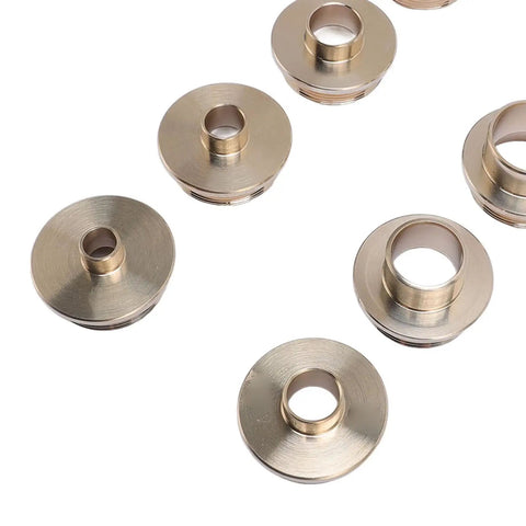 Rock Solid Brass Router Template Guide Set With Heavy Duty Carrying Case includes brass rail bushings shown from above.