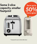 Slick Two Slice Slim Toaster With Hella Long Slots For Versatile Even Heating And A Tight Oat Milk Finish that shows two toasters side by side.