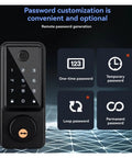 Slick Smart Deadbolt Lock Auto Latch Door Sensor And No Sweat Fingerprint Unlock Bluetooth panel displaying password options.