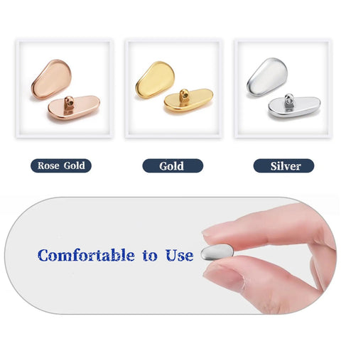 Premium Screw On Titanium Glasses Nose Pads No Sweat Anti Slip Bridge Piece That Absolutely Stays Put Ergonomic Shape Keeps Frames Snug All Day Silver Two Pack Includes Quick Install Tool displayed in silver, gold, and rose gold options.
