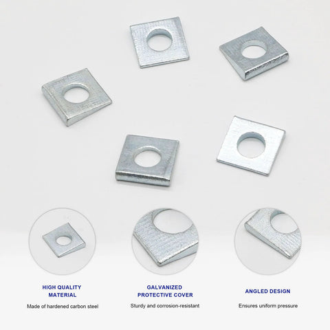 Front view: beveled square washers, 10 pcs, 3/8-inch hole, 7/8 x 7/8 in, galvanized carbon steel.
